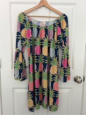 Simply Southern Pineapple Print Bell Sleeve Off Shoulder Dress Navy Pink XL